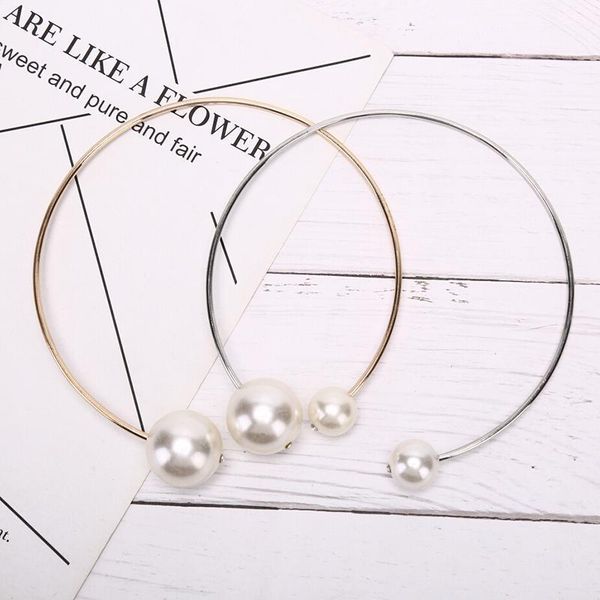 

Double Simulated-Pearl Open Choker Necklace For Ladies Elegant Cuff Collar Necklace Statement Torques Party Fashion Jewelry1, Golden;silver