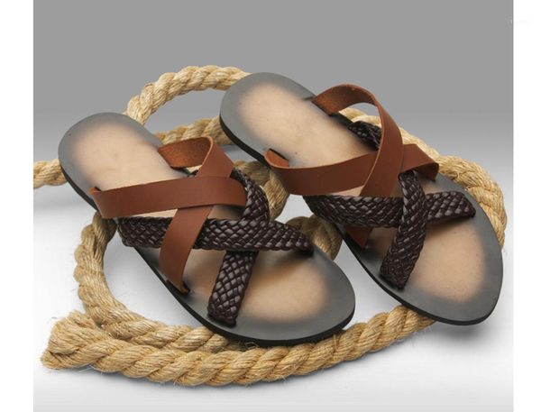 

men fashion weaving slip on flat slippers men rome outdoor personality non-slip retro genuine leather slippers large size1, Black