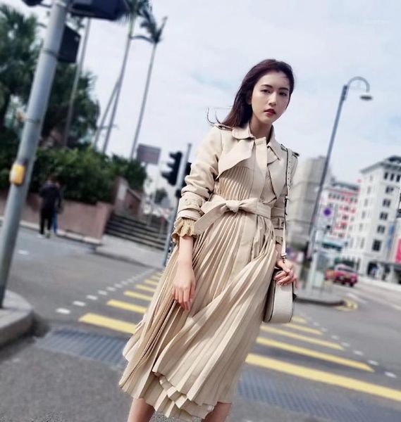 

women trench spring / summer 2020 lapel temperament british style lace-up pleated women's trench coat1, Tan;black