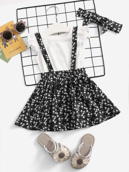 

baby ruffle armhole & ditsy floral suspender skirt with headband she, White