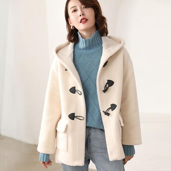 

attyyws new hooded wool coat short women's knitted jacket long-sleeved fashion comfortable velvet coat autumn and winter 20191, Black