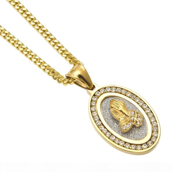 

stainless steel iced out oval hands pendant mens hip hop jewelry bling rhinestone crystal golden pendant necklace cuban chain, Silver