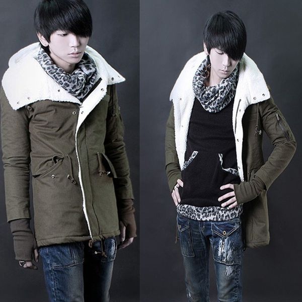 

winter lamb hair hooded windbreaker fashion men's slim mid length coat 21 p85, Tan;black