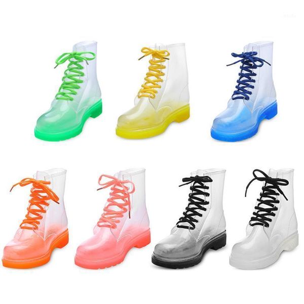 

boots pvc rain women med heels shoes woman 2021 fashion transparent ankle for platform sewing booties solid1, Black