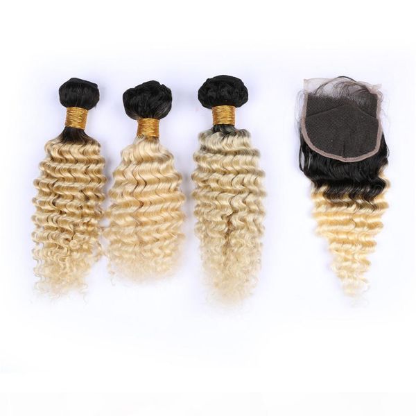 

#1b 613 blonde ombre indian virgin human hair wefts deep wave with closure ombre blonde deep wave curly 3bundles with lace closure 4x4, Black;brown