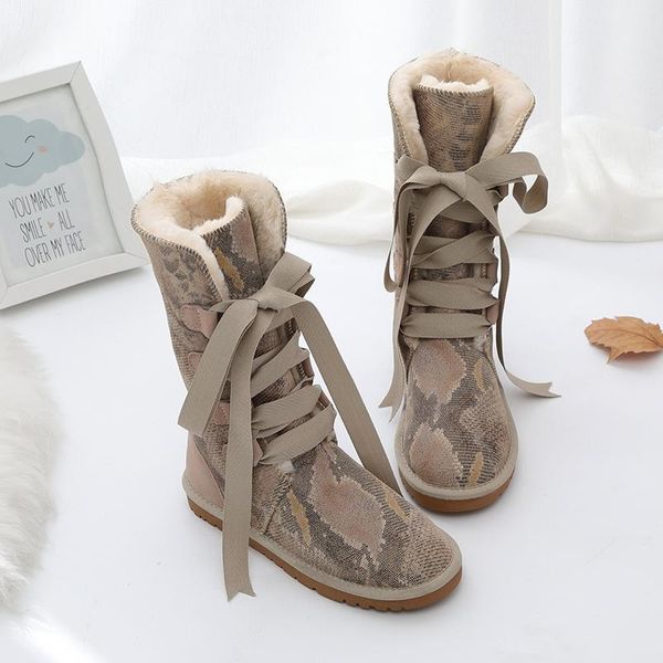 

snake print lace-up snow boots plush warm flat winter shoes woman australian fur boots women mid-calf botas mujer invierno 2020, Black