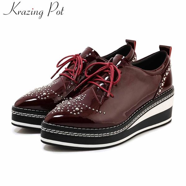 

krazing pot genuine leather gorgeous rivets decorations leisure shoes pointed toe wedges thick bottom women fashion pumps l11, Black