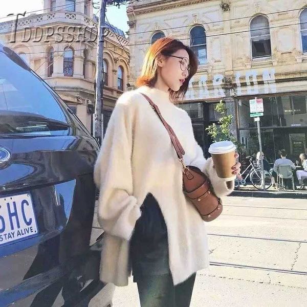 

2021 winter imitation mink hair women sweater thick knitting slit pullover female sweaters t200910, White;black