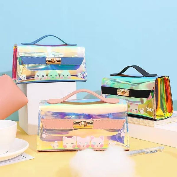 

cute pu organizer set travel cosmetic bag for girls laser make up case transparent pencil pouch school student beauty supplies