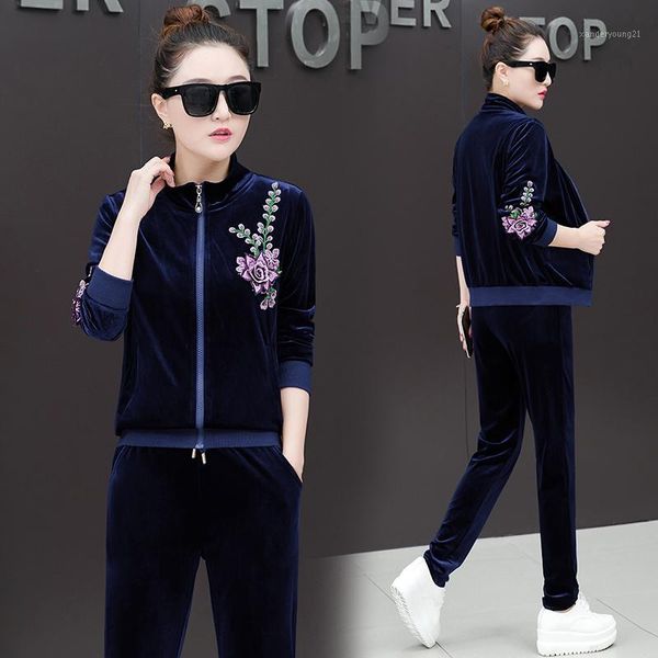 

two piece dress velvet tracksuit for women 2021 spring female large size flower embroidery jacket+t-shirt+pants suits three-piece sets1, White
