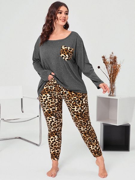 

plus leopard print pocket front drop shoulder pj set s1d2#, Black;white