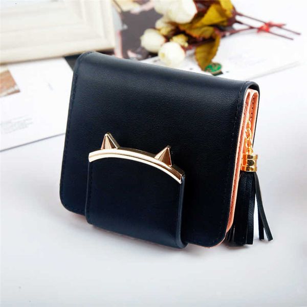 

2020 korean cute cat ears leather short tassel women wallet small day clutch trifold female purse id coin card holder mini bag, Red;black