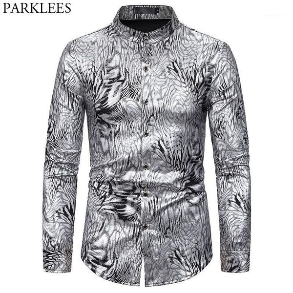 

silver snake pattern shirt men 2020 new mandarin collar mens dress shirts club party prom stage male social shirt camisas1, White;black