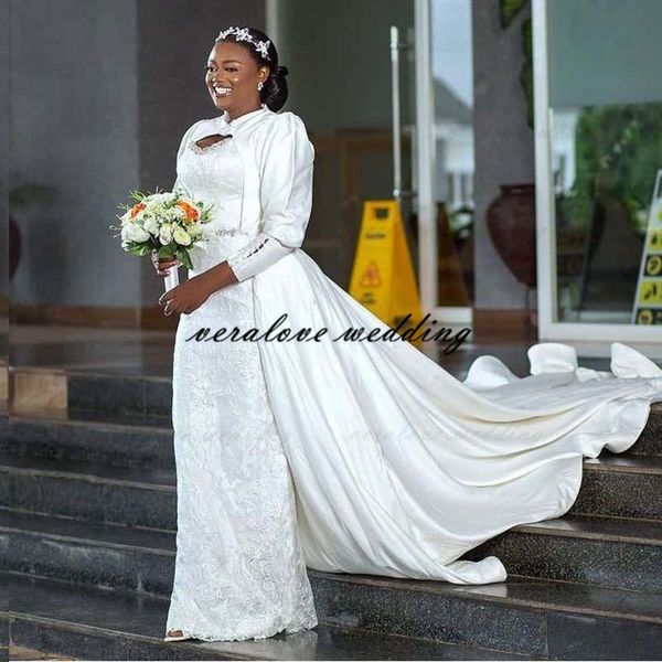 

robes de mariÃ©e plus size mermaid wedding dress 2021 detachable train lace appliqued long sleeve bridal gowns, White