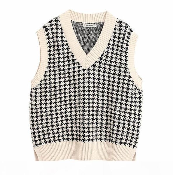 

park888 women 2020 fashion oversized houndstooth knitted vest sweater vintage sleeveless side vents female waistcoat chic, White;black