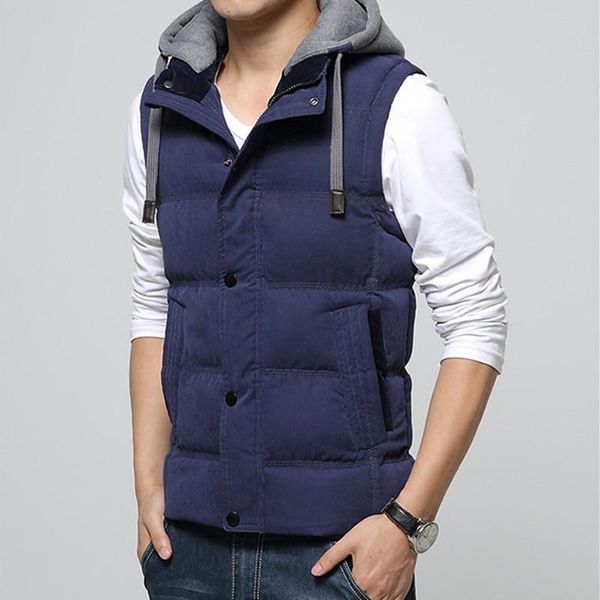 

men's vests 2021 casual men vest cotton waistcoat hat detachable windbreak winter warm khaki 4xl 7 colors, Black;white