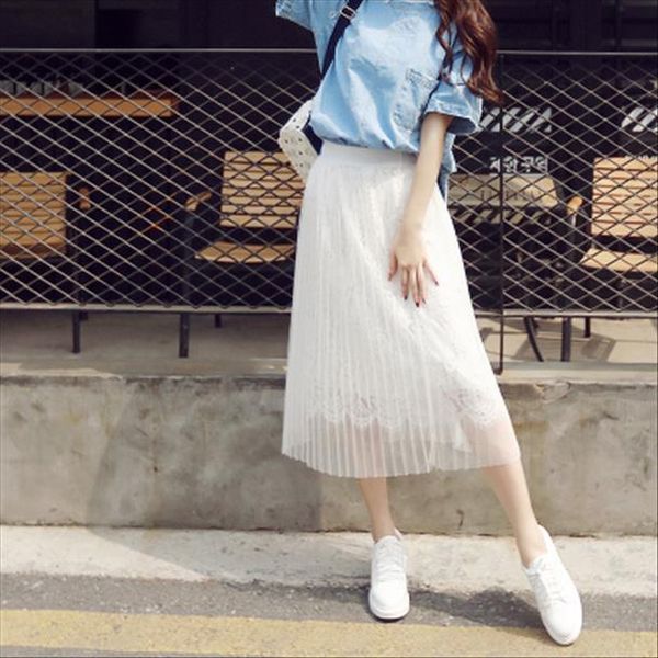 

lace mesh skirt black gray white pleated tulle skirt high waist fashion women long