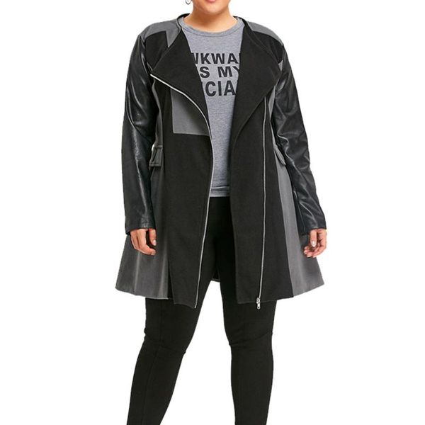 

winter women woolen coat patchwork womens jacket wool pu leather long sleeve jacket coat windbreaker oversized wool jacket#g30, Black