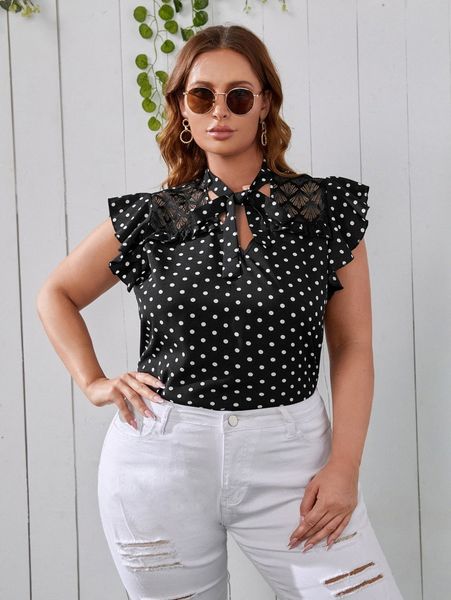 

plus polka dot tie neck lace yoke ruffle armhole h9fh#, Black
