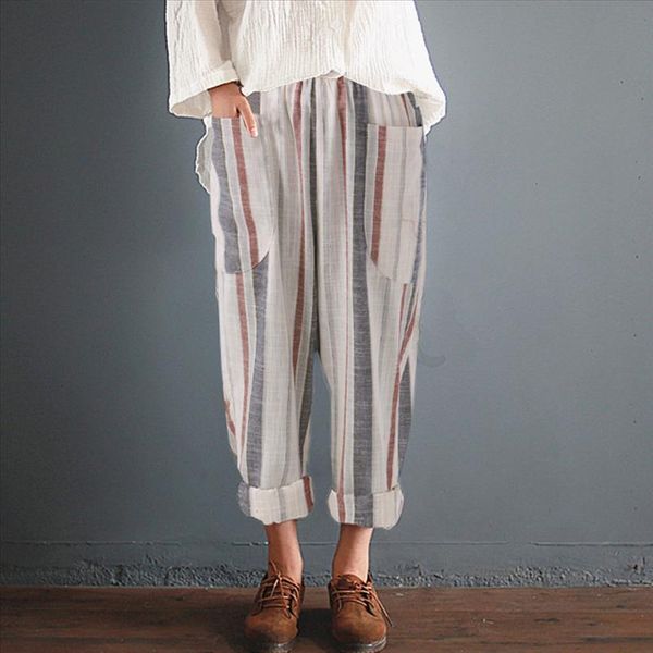

loose summer linen striped harem pants women big size elastic high waist pocket casual cropped pants pantalon trousers, Black;white