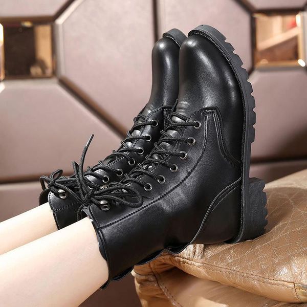 

boots women british style classic motorcycle punk bandage autumn waterproof shoes bota feminina size hjm9, Black