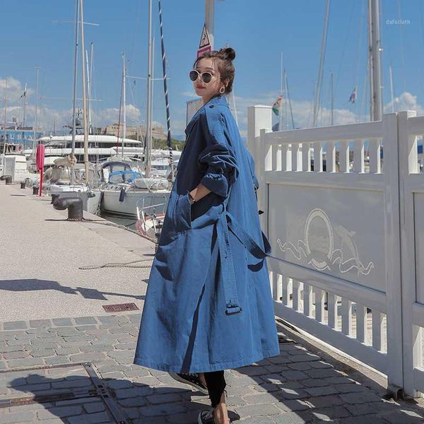 

brand new korean style blue trench coat women long double-breasted belted loose cloak lady duster coat female outerwear autumn1, Tan;black