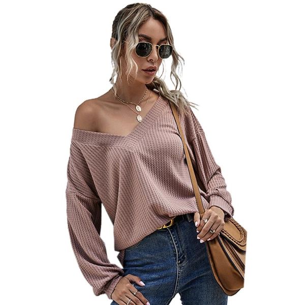 

women autumn long sleeve waffle knit sweater v-neck off shoulder pullover solid color casual loose fit jumper shirt st, White