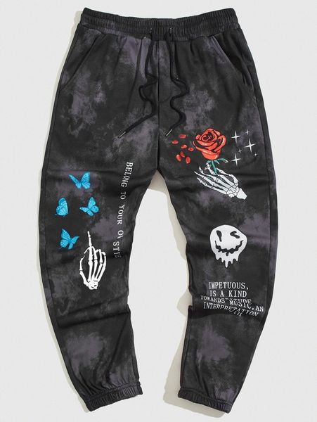 

men skeleton and slogan graphic tie dye sweatpants g7dq#, Black