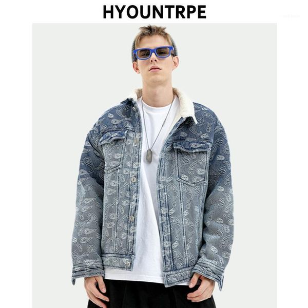 

hip hop mens denim jackets new casual thicken fleece lamb warm streetwear embroidery jean coats harajuku loose bomber jackets1, Black;brown