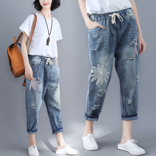

women female summer fashion brand korea style vintage snowflake print hole elastic waist ankle-length pants denim jeans trousers, Blue