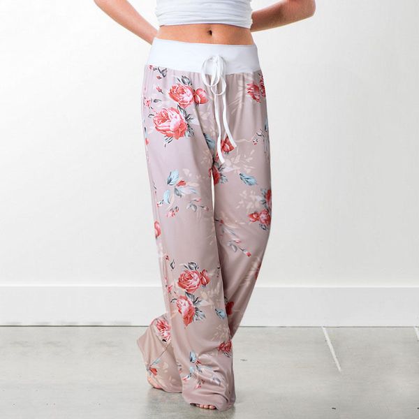 

wholesale spring summer women long pants loose wide leg floral print drawstring sweatpants female plus size pants, White;red