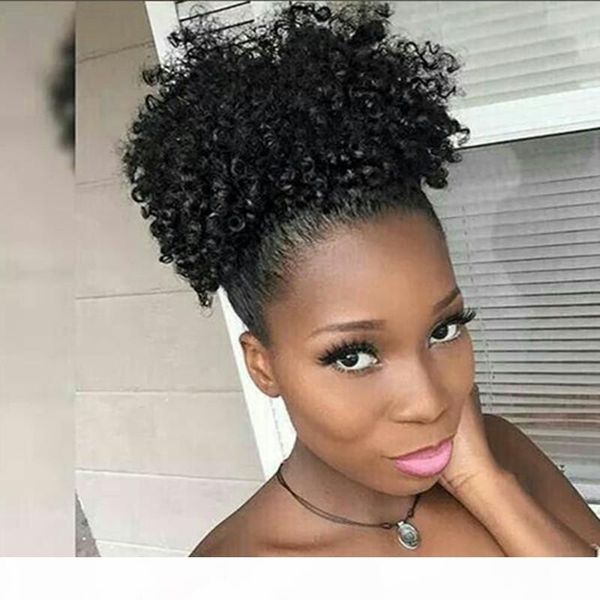 

short high ponytail hairpiece afro kinky curly drawstring ponytail for black women, puff curly brown brazilian virgin hair extension