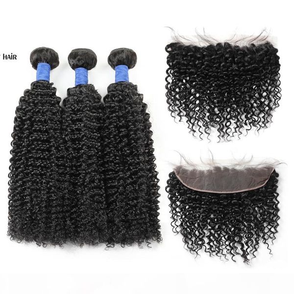 

brazilian peruvian malaysian indian virgin hair kinky curly 3 bundles with 13x4 lace frontal closure 10a grade human hair extensions, Black