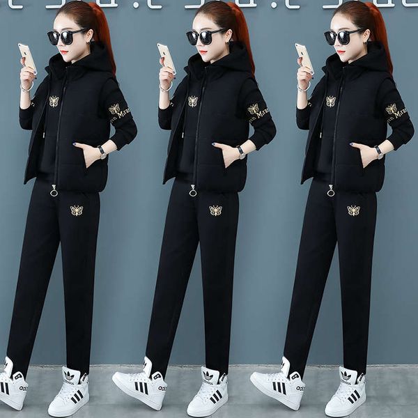 

winter women's suit plush thickened coat, sweater and trousers 3-piece set fashionable age reducing warm large sportswear, Gray