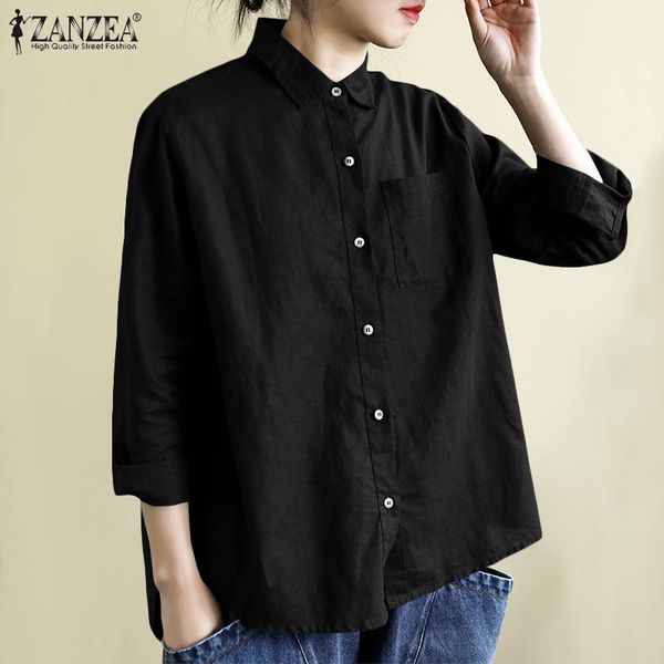 

2021 autumn lapel blouse casual pleated shirt zanzea women solid long sleeve cotton linen tunic blusas female plus size 5xl, White
