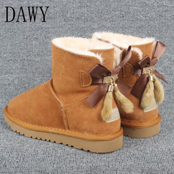 

australia cowhide leather short plush fur women ankle winter suede snow boots with bowknots mink tassels warm shoes us4-13, Black