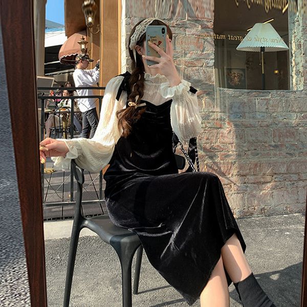 

2021 new velvet black slip winter long sleeve women designer midi 2021 spring korean one-piece female new party dress bcqp, Black;gray