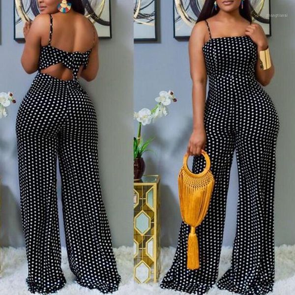 

women causal spaghetti strap jumpsuits black white dot floor length beauty back for party evening dinner rompers jumpsuits