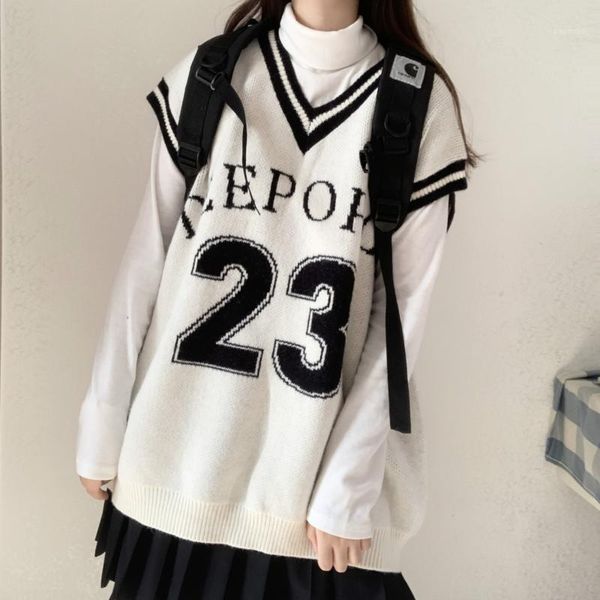 

korean winter new harajuku style sweater vintage v-neck letter printing sleeveless pullovers lazy style loose casual sweater1, White;black