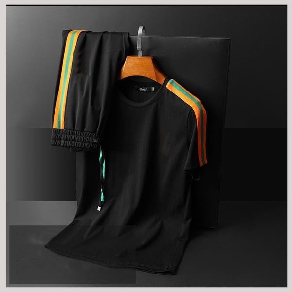 

europe and america 2020 summer new men's short-sleeved trousers sports fashion suit casual men's two-piece suit, White;black