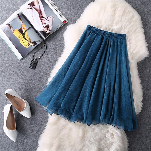 

2016 new spring summer tulle skirts women faldas high waist midi knee length chiffon elastic waist grunge female tutu skirts, Black