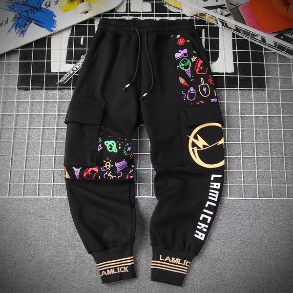 

spring new graffiti printing stitching work clothes casual men's loose knitted corset small casual sports pantswork clothes sports pant, Blue