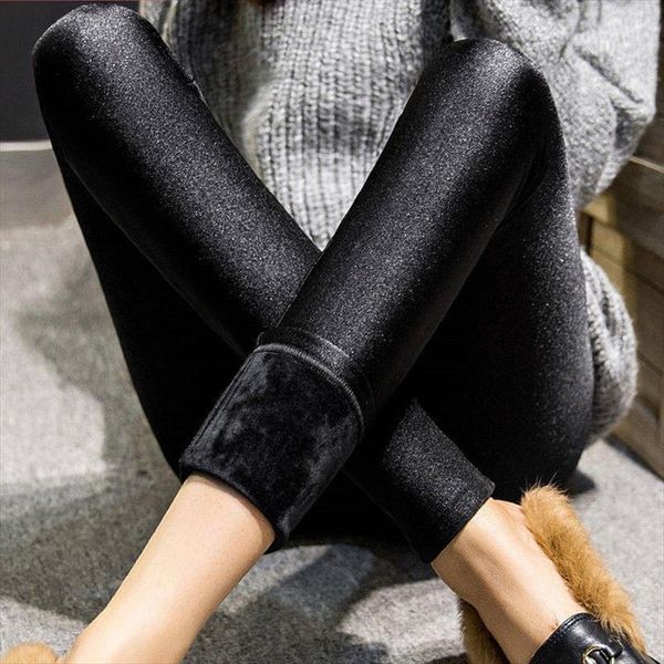 

autumn winter thick leggings fashion solid slim pants lady fleece warm leggings casual black shiny high waist