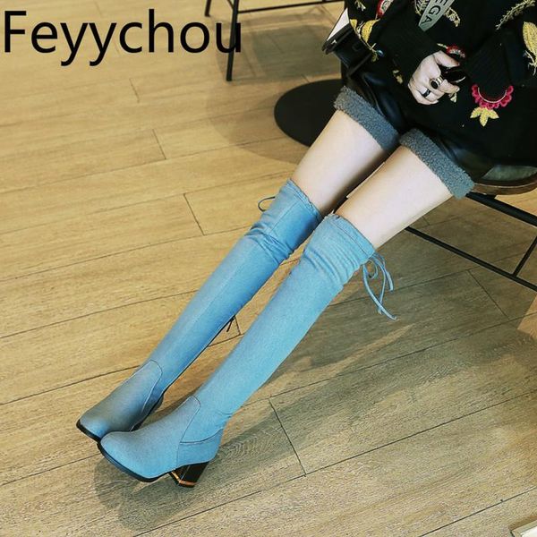 

women boots autumn winter warm high-heeled over the knee round toe zip 2020 fashion denim blue size 34-43, Black