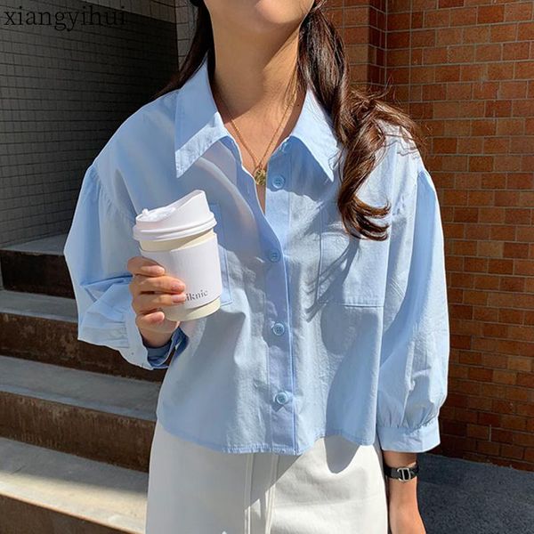 

casual turn-down collar lantern sleeve blue shirt women ladies loose 2020 spring korean office shirt with long sleeve, White