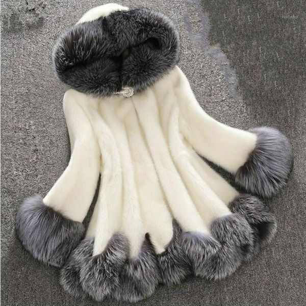 

faux fur coat women white gray with fur hat jacket mink luxury women long coat imitation jacket plus size 6xl1, Black