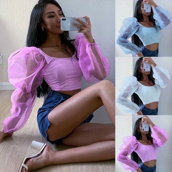 

2021 spring autumn long sleeve blouse mesh puff sleeve patchwork crop women casual short blusas, White