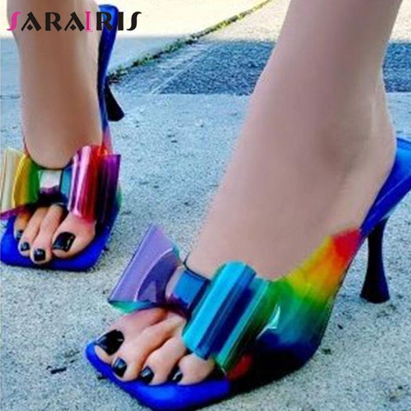 

sarairis high heels dress mules new ins fashion colorful pvc mules women unique sweet butterfly-knot shoes woman, Black