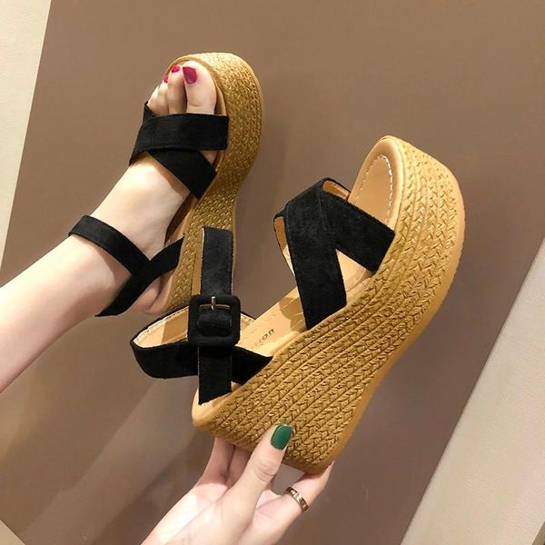 

wedge heeled high-heeled female sandals simple temperament elegant female sandals fashion wild comfortable non-slip sanda, Black