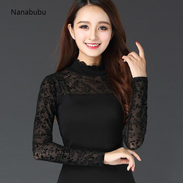 

women's blouses & shirts women mesh sheer see through black shirt outwear turtleneck long sleeve transparent slim bodycon club blouse, White